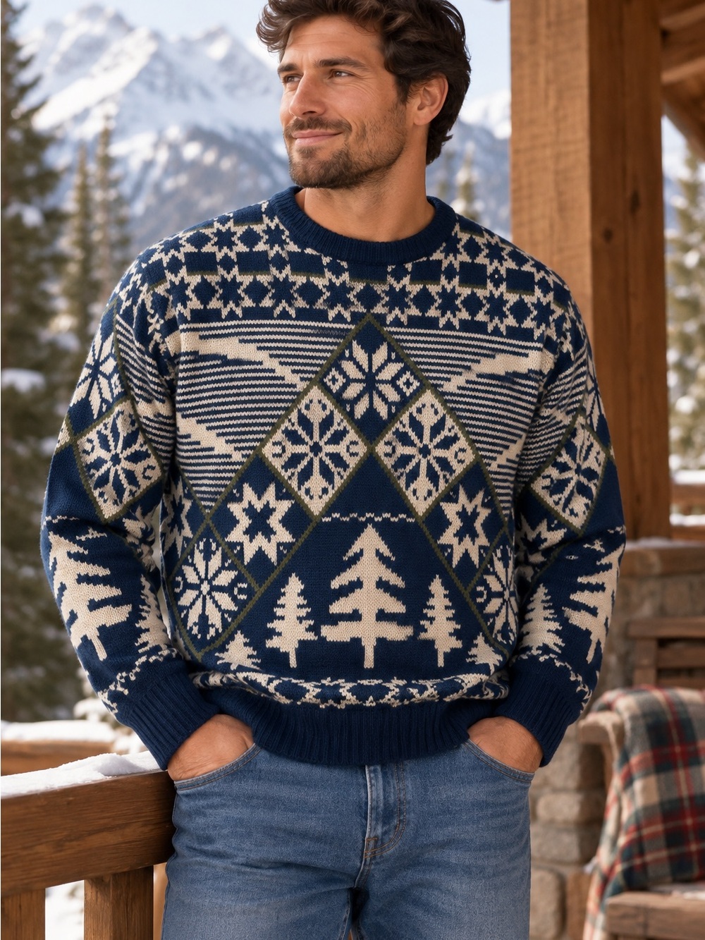 Vintage Stoneriver Outfitters Nordic Fair Isle Sweater Trees Snowflakes M
